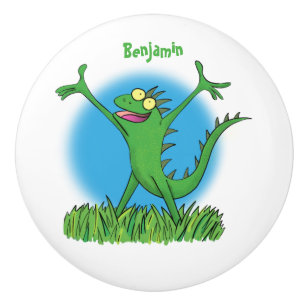 Funny green smiling animated iguana lizard ceramic knob