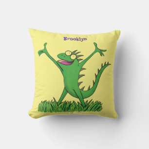 Funny green smiling animated iguana lizard cushion