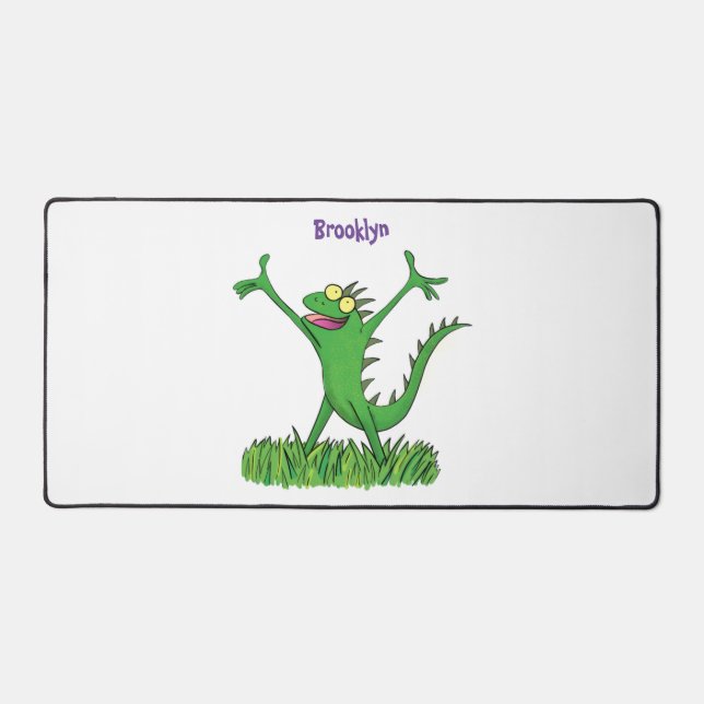 Funny green smiling animated iguana lizard desk mat (Front)