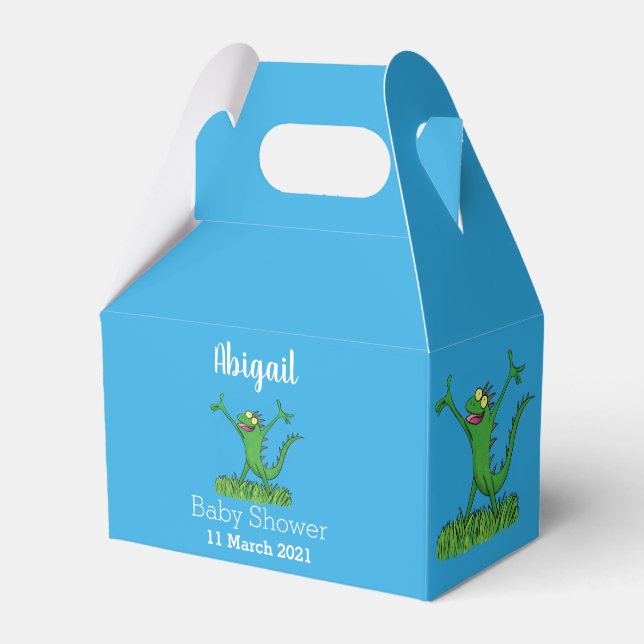 Funny green smiling animated iguana lizard favour box (Front Side)