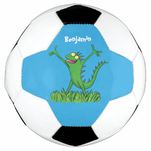 Funny green smiling animated iguana lizard football