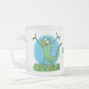 Funny green smiling animated iguana lizard frosted glass coffee mug