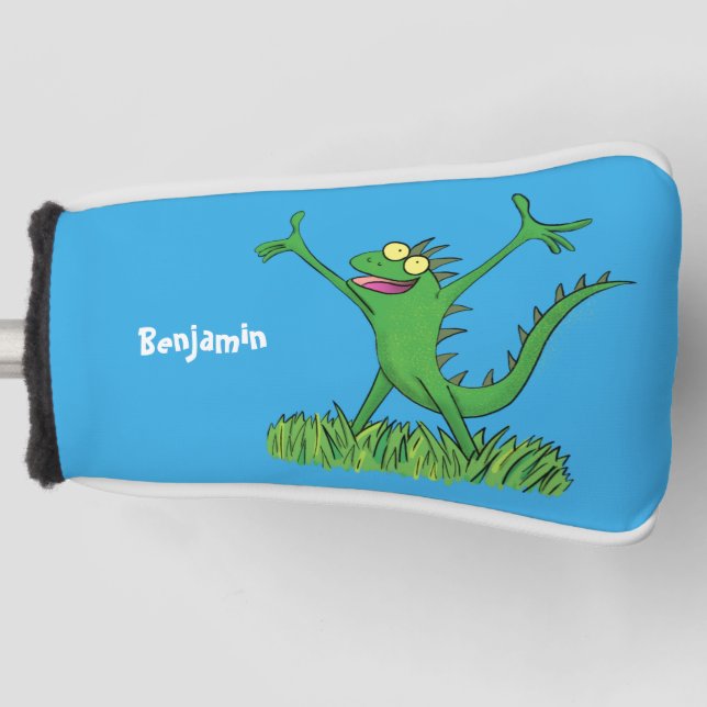 Funny green smiling animated iguana lizard golf head cover (Front)