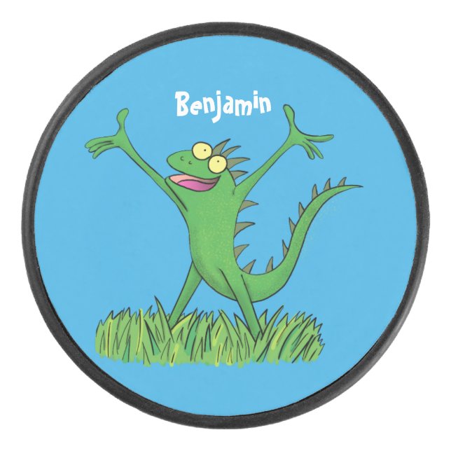 Funny green smiling animated iguana lizard hockey puck (Front)