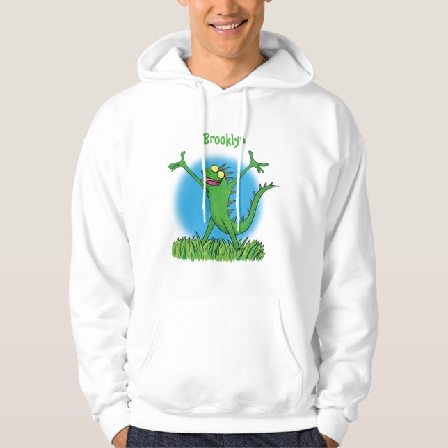 Funny green smiling animated iguana lizard hoodie (Front)