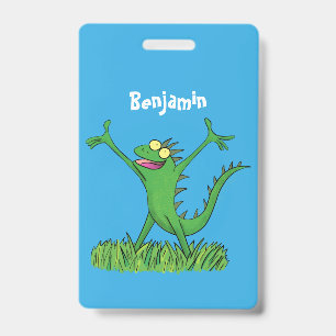 Funny green smiling animated iguana lizard ID badge