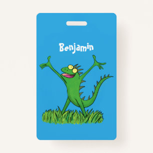 Funny green smiling animated iguana lizard ID badge