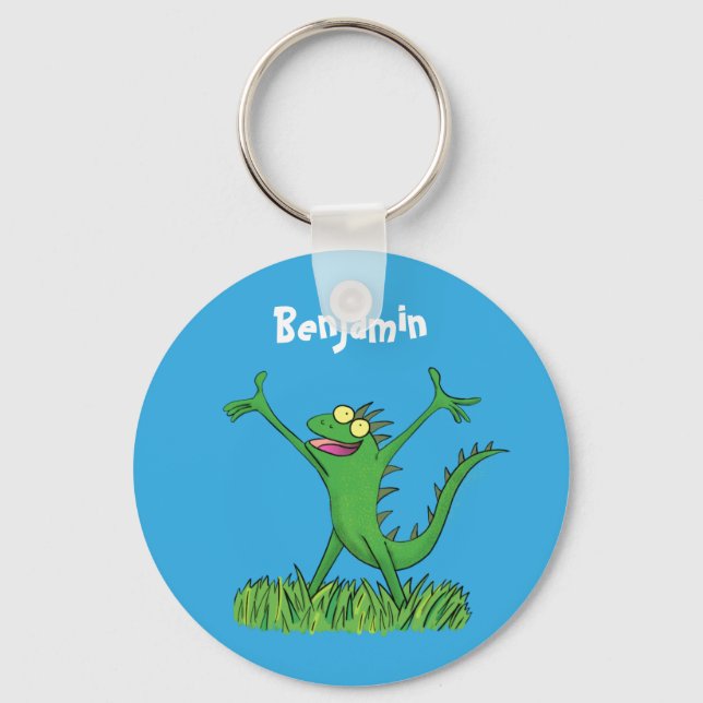 Funny green smiling animated iguana lizard key ring (Front)