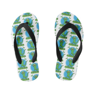 Funny green smiling animated iguana lizard kid's flip flops