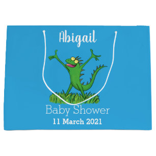 Funny green smiling animated iguana lizard large gift bag