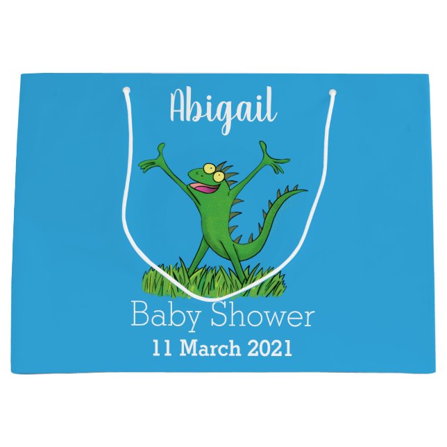 Funny green smiling animated iguana lizard large gift bag (Front)