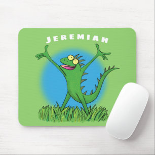 Funny green smiling animated iguana lizard mouse mat