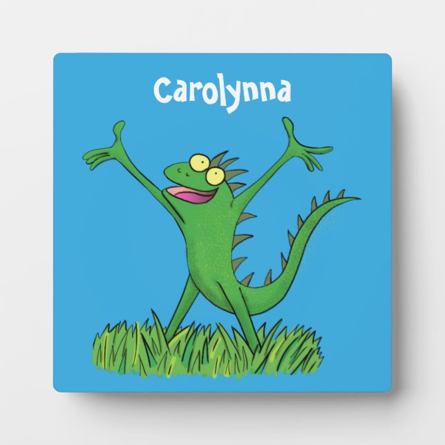 Funny green smiling animated iguana lizard plaque (Front)