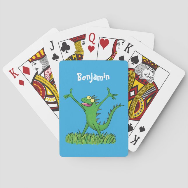 Funny green smiling animated iguana lizard playing cards (Back)