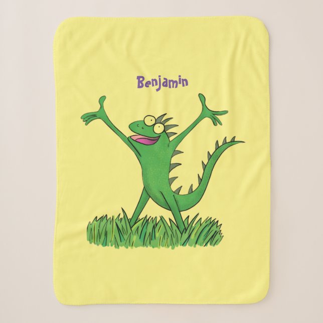 Funny green smiling animated iguana lizard sherpa blanket (Front)