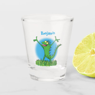 Funny green smiling animated iguana lizard shot glass