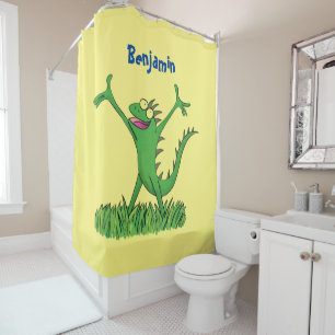 Funny green smiling animated iguana lizard shower curtain