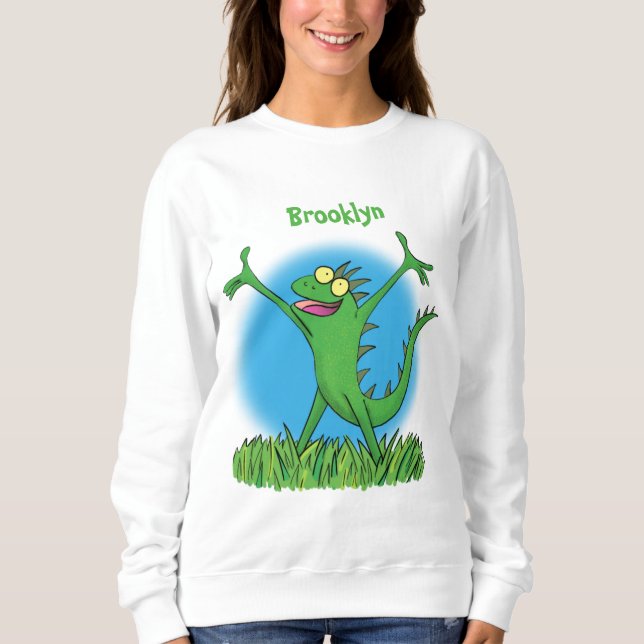 Funny green smiling animated iguana lizard sweatshirt (Front)