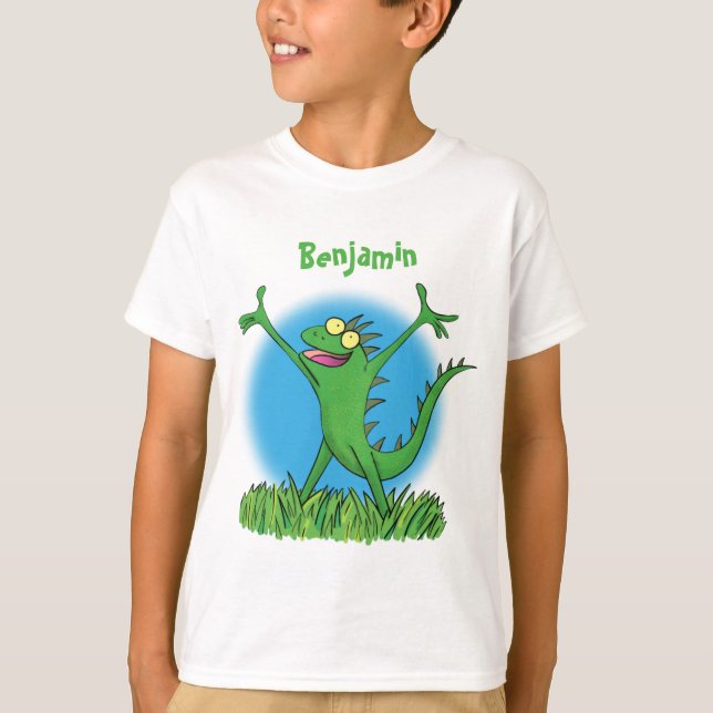 Funny green smiling animated iguana lizard T-Shirt (Front)