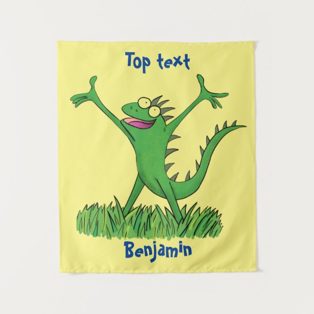 Funny green smiling animated iguana lizard tapestry (Front)