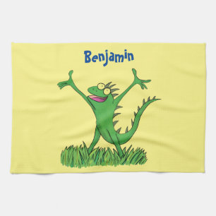 Funny green smiling animated iguana lizard tea towel