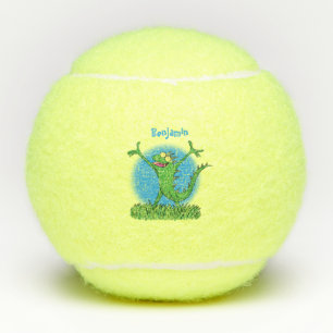 Funny green smiling animated iguana lizard tennis balls
