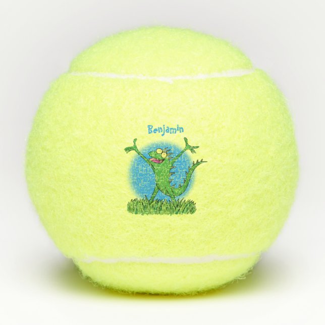 Funny green smiling animated iguana lizard tennis balls (Front)