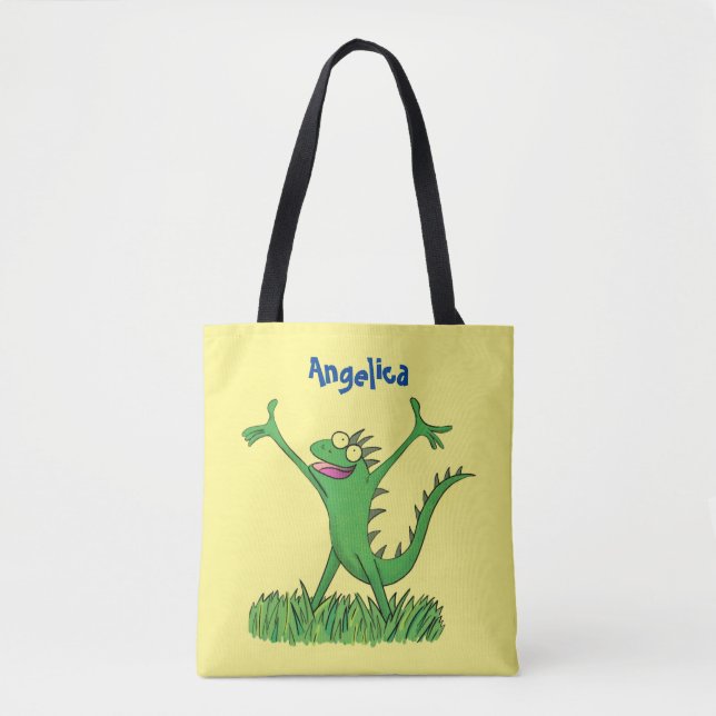 Funny green smiling animated iguana lizard  tote bag (Front)