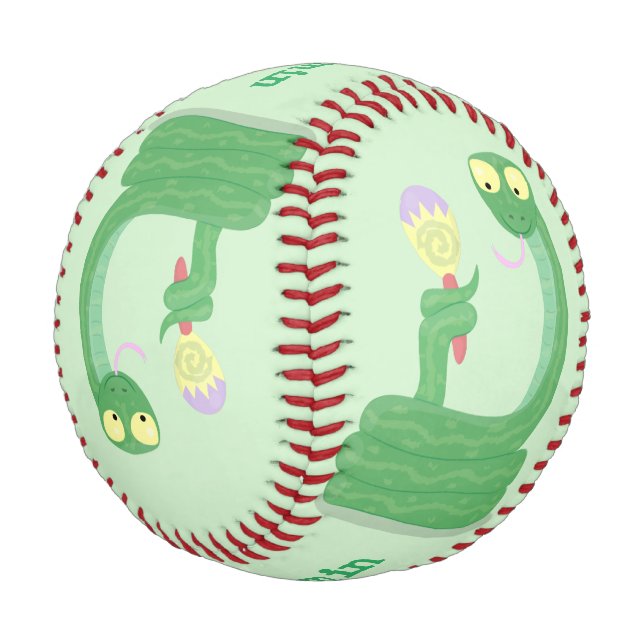 Funny green snake with maraca cartoon baseball (Angled)