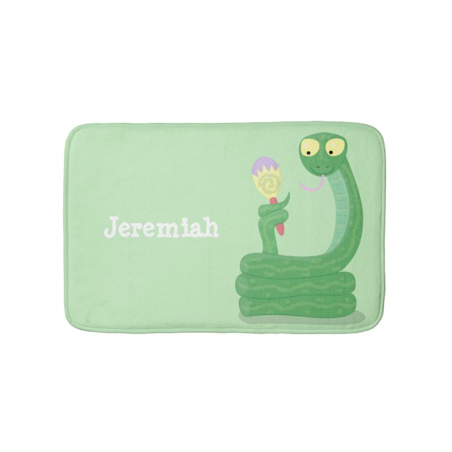 Funny green snake with maraca cartoon bath mat (Front)