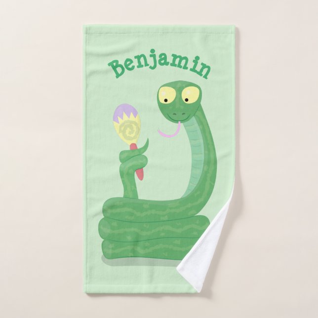 Funny green snake with maraca cartoon bath towel set (Hand Towel)