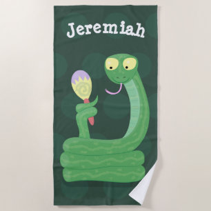 Funny green snake with maraca cartoon beach towel