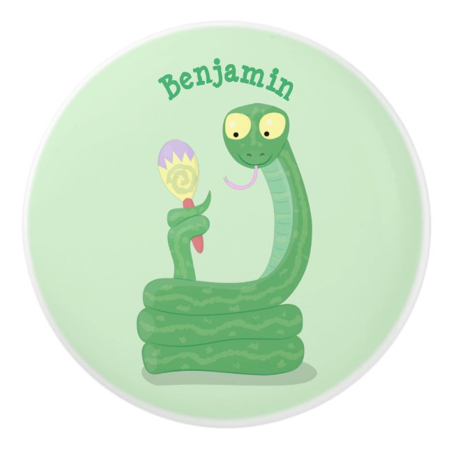 Funny green snake with maraca cartoon ceramic knob (Front)