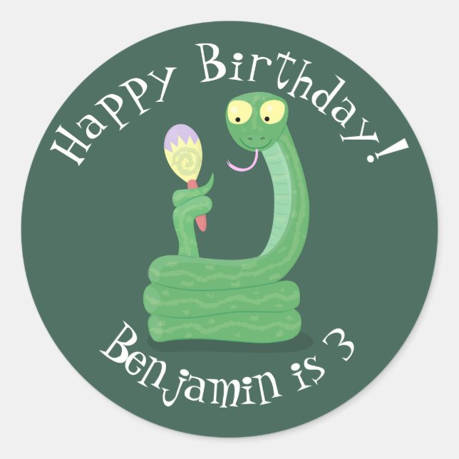 Funny green snake with maraca cartoon classic round sticker (Front)