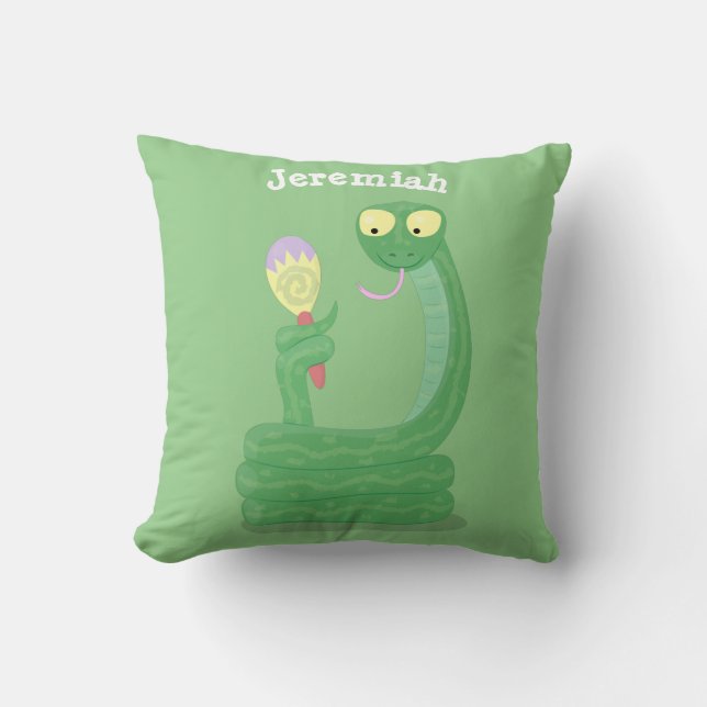 Funny green snake with maraca cartoon cushion (Front)