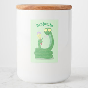 Funny green snake with maraca cartoon food label