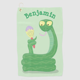 Funny green snake with maraca cartoon golf towel
