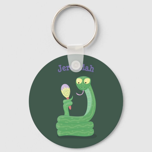Funny green snake with maraca cartoon humor key ring (Front)