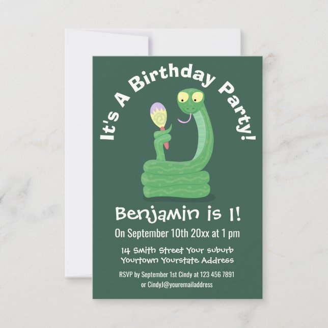 Funny green snake with maraca cartoon invitation (Front)