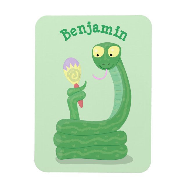 Funny green snake with maraca cartoon magnet (Vertical)