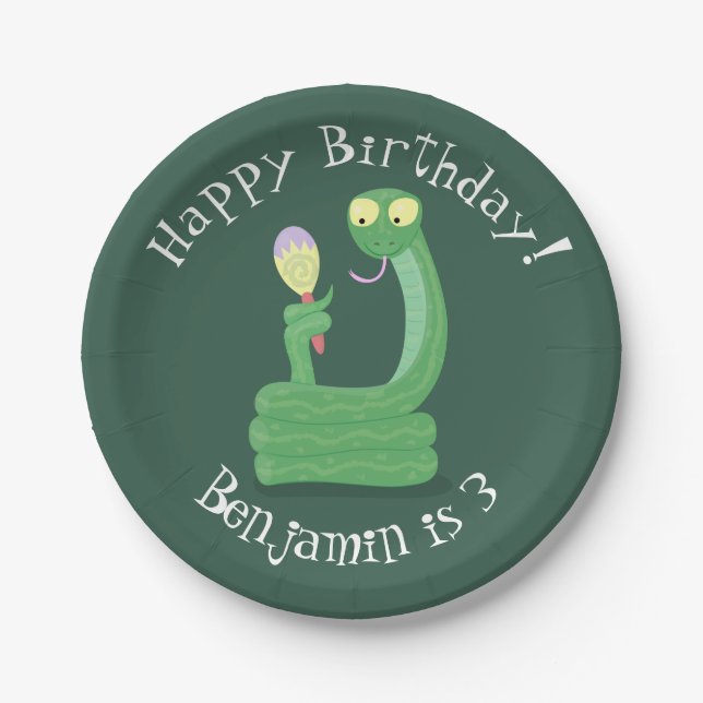 Funny green snake with maraca cartoon paper plate (Front)