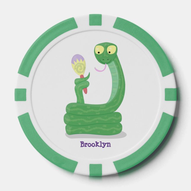 Funny green snake with maraca cartoon poker chips (Front)