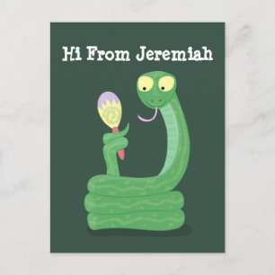 Funny green snake with maraca cartoon postcard