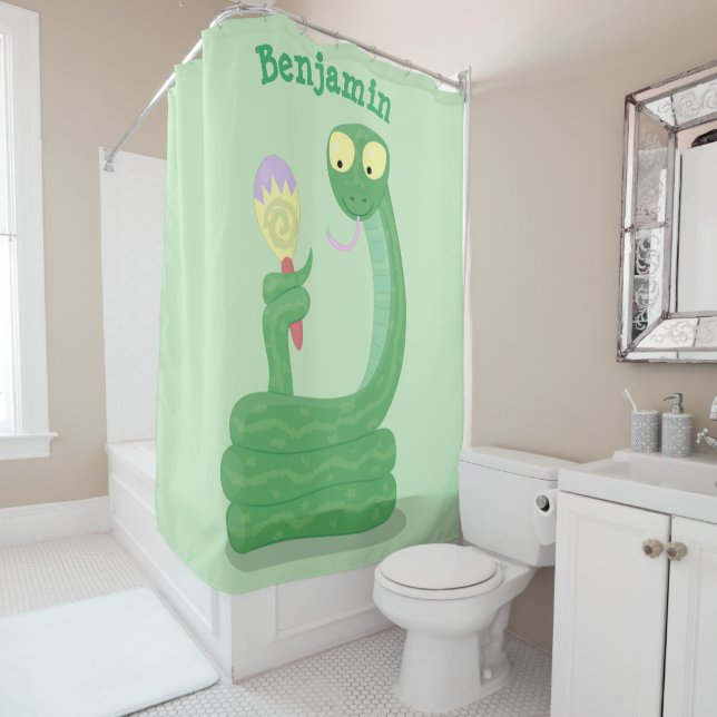 Funny green snake with maraca cartoon shower curtain (In Situ)