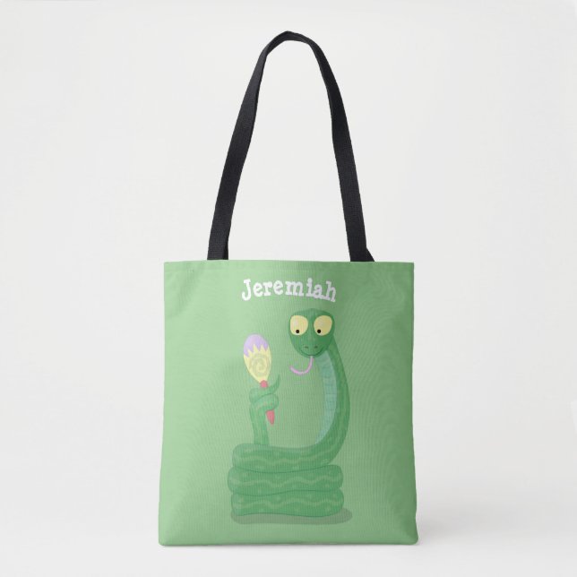 Funny green snake with maraca cartoon tote bag (Front)