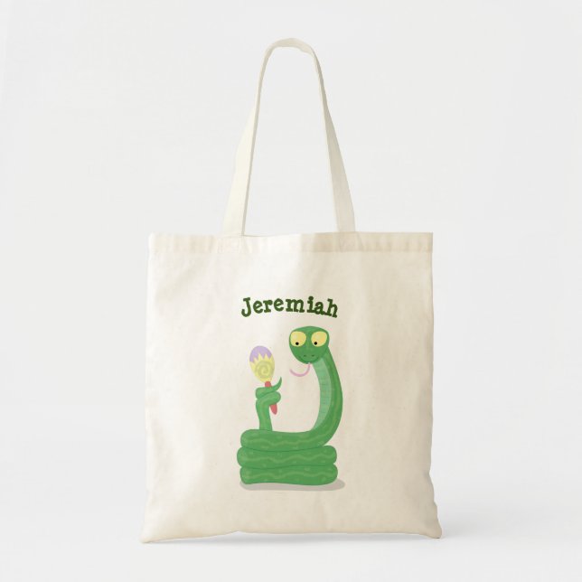 Funny green snake with maraca cartoon tote bag (Front)