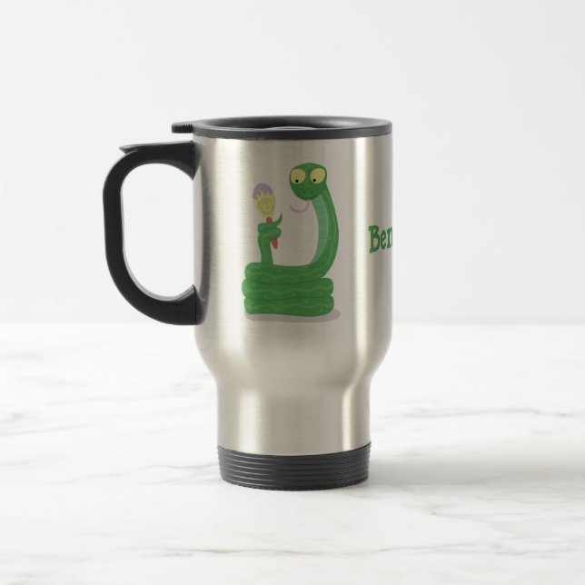 Funny green snake with maraca cartoon travel mug (Left)
