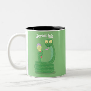 Funny green snake with maraca cartoon Two-Tone coffee mug