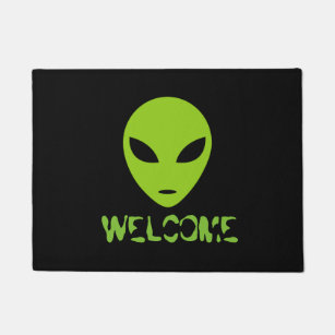 Funny green space alien head welcome door mat
