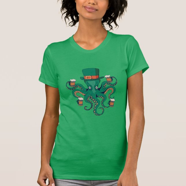 Funny Green St. Patricks Octopus Beer T-Shirt (Front)
